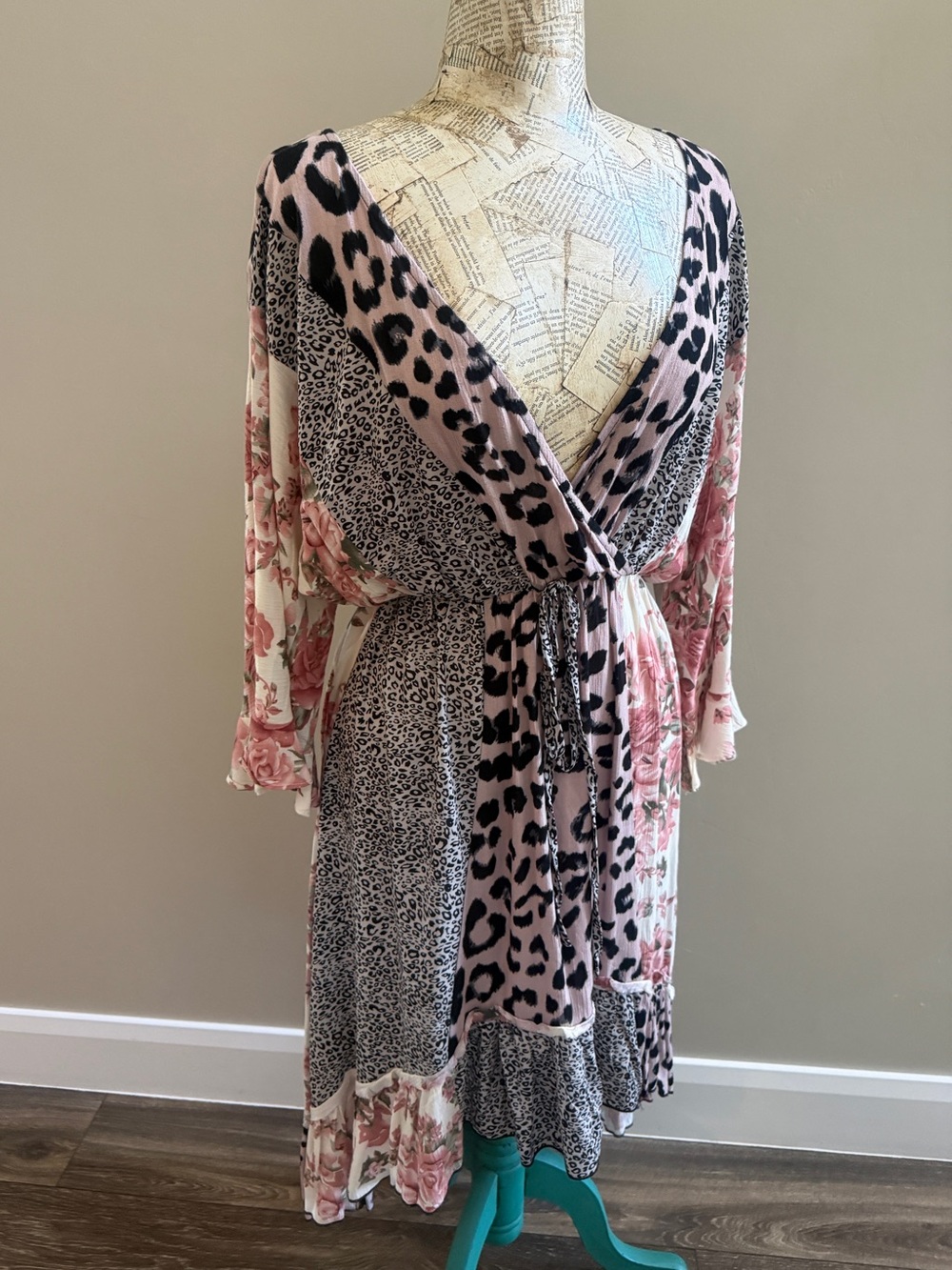 Floral & Leopard High-Low Wrap Dress in Pink